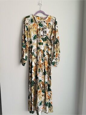 CONNOR & BLAKE SZ M Floral Long Sleeve Maxi Dress in Cream and Green